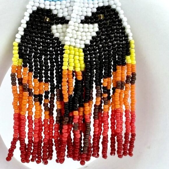 Native American-Inspired Black Ravens Crow Bird Hand Beaded Tassel Earrings New - Picture 3 of 4